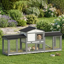 PawHut Rabbit Hutch, Guinea Pig Hutch, 2-Tier Bunny House w/ Run, Grey