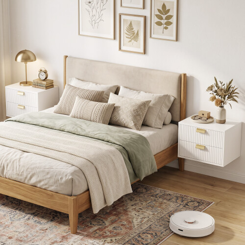 Homcom HOMCOM 2pcs Modern Floating Nightstands,  2 Drawers Bedside Tables, White 1