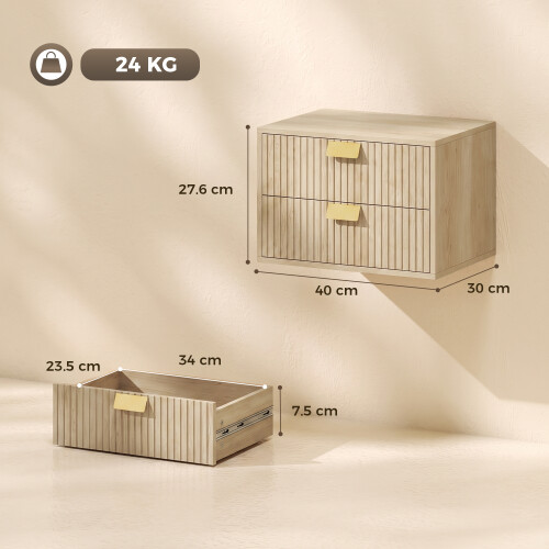 Homcom HOMCOM 2pcs Modern Floating Nightstands,  2 Drawers Bedside Tables, Oak 2