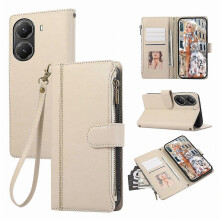 Ag luí le Cás Poco X7 Pro 5G agus Redmi Turbo 4 5G, Sliotáin Ilchárta Clúdach Fón Leathar Zipper le Strap Wrist,