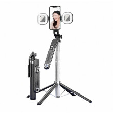 Treppiede per telefono estensibile per selfie stick da 1,8 m per streaming live con base a quattro gambe e 2 luci di rie