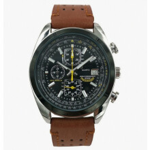 Men's Multi Function Six Hand Chronograph Quartz Watch with Leather Strap, Brown Trim and Gift Box