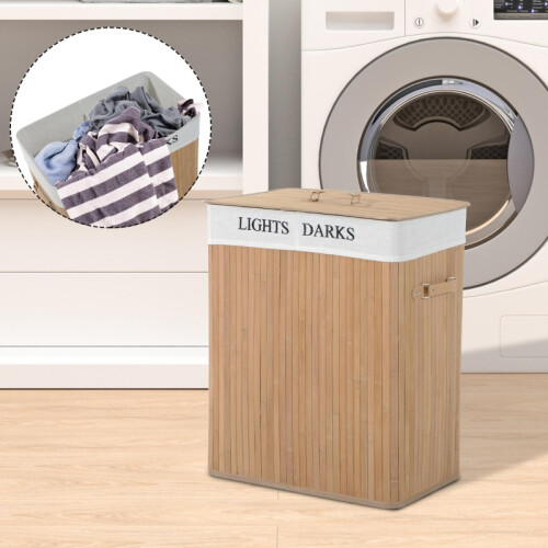 100L Collapsible Wood Laundry Hamper with Lid 1