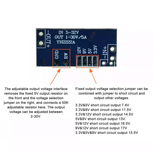Efficient DC5-32V to DC2-30V Stepping Down Module 5A Output With Thermal Protect 5