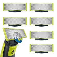 Verpakking met 6 scheermesjes, compatibel met Philips OneBlade vervangingsmesjes.