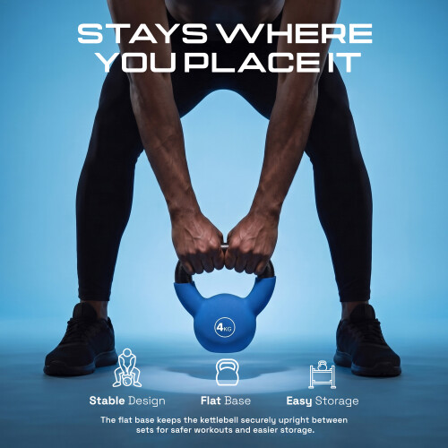 Kayman Kettlebell, Cast-Iron Core, Neoprene Coated, Flat Base, Colour-Coded for Beginners & Cardio. 4kg 2
