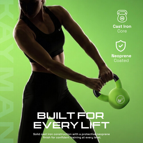 Kayman Kettlebell, Cast-Iron Core, Neoprene Coated, Flat Base, Colour-Coded for Beginners & Cardio, 6kg 1