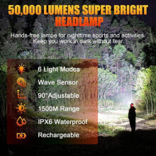 Čelovka - Dobíjecí LED - 50 000 lumenů - 6 režimů - Pohybový senzor