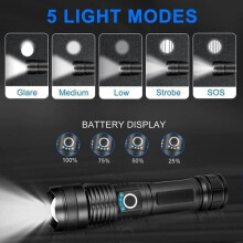 Ultrajasná dobíjecí taktická LED vojenská svítilna se zoomem, 5 režimů