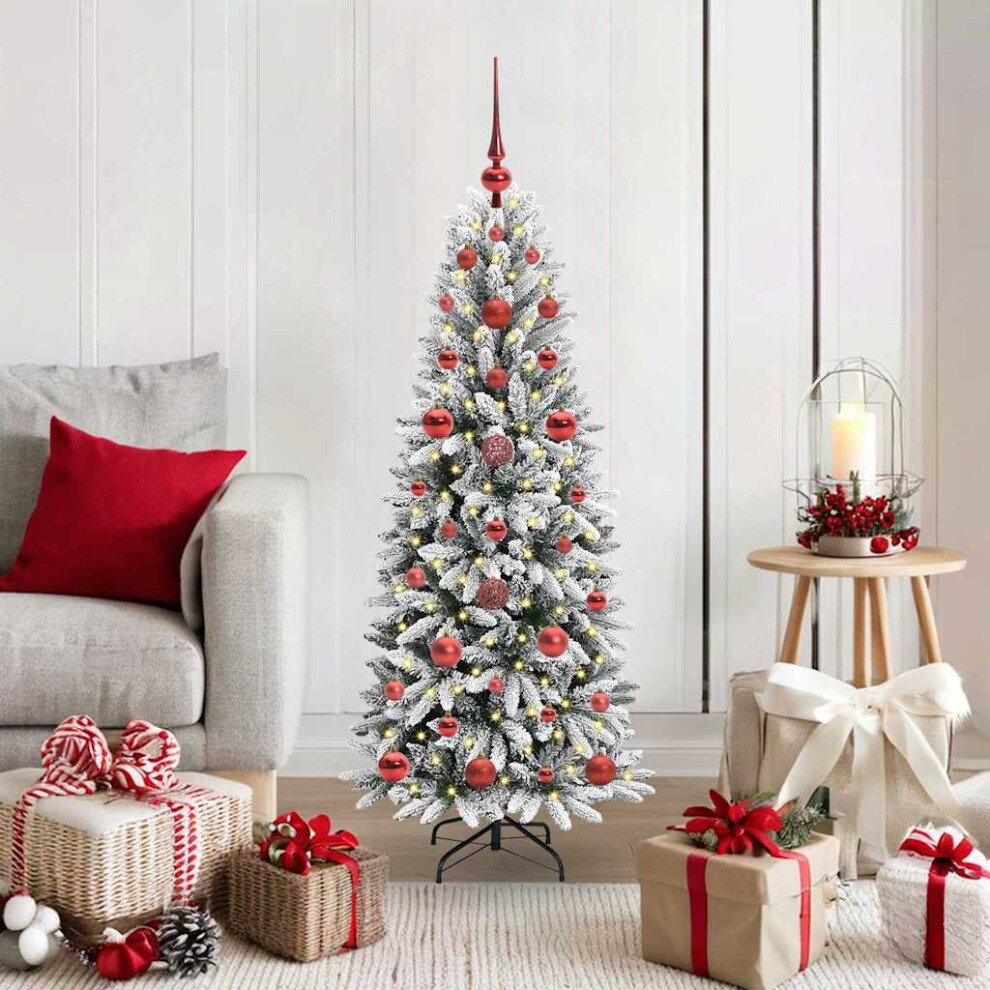Pre-Lit Baubles Artificial Snow Flocked Christmas Tree 4Ft Red Vidaxl - Image 3
