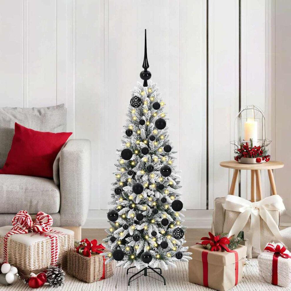 Pre-Lit Baubles Artificial Snow Flocked Christmas Tree 4Ft Black Vidaxl - Image 3