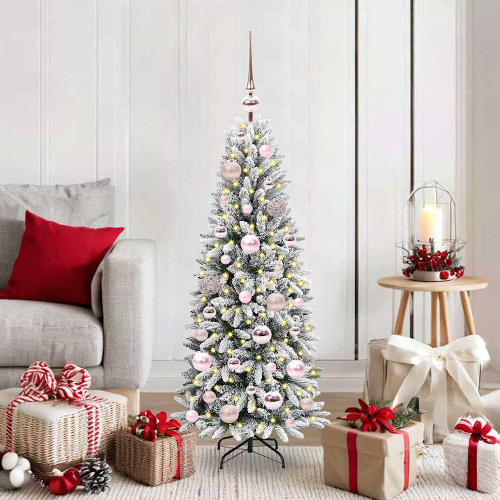 Pre-Lit Baubles Artificial Snow Flocked Christmas Tree 4Ft Pink Vidaxl - Image 3