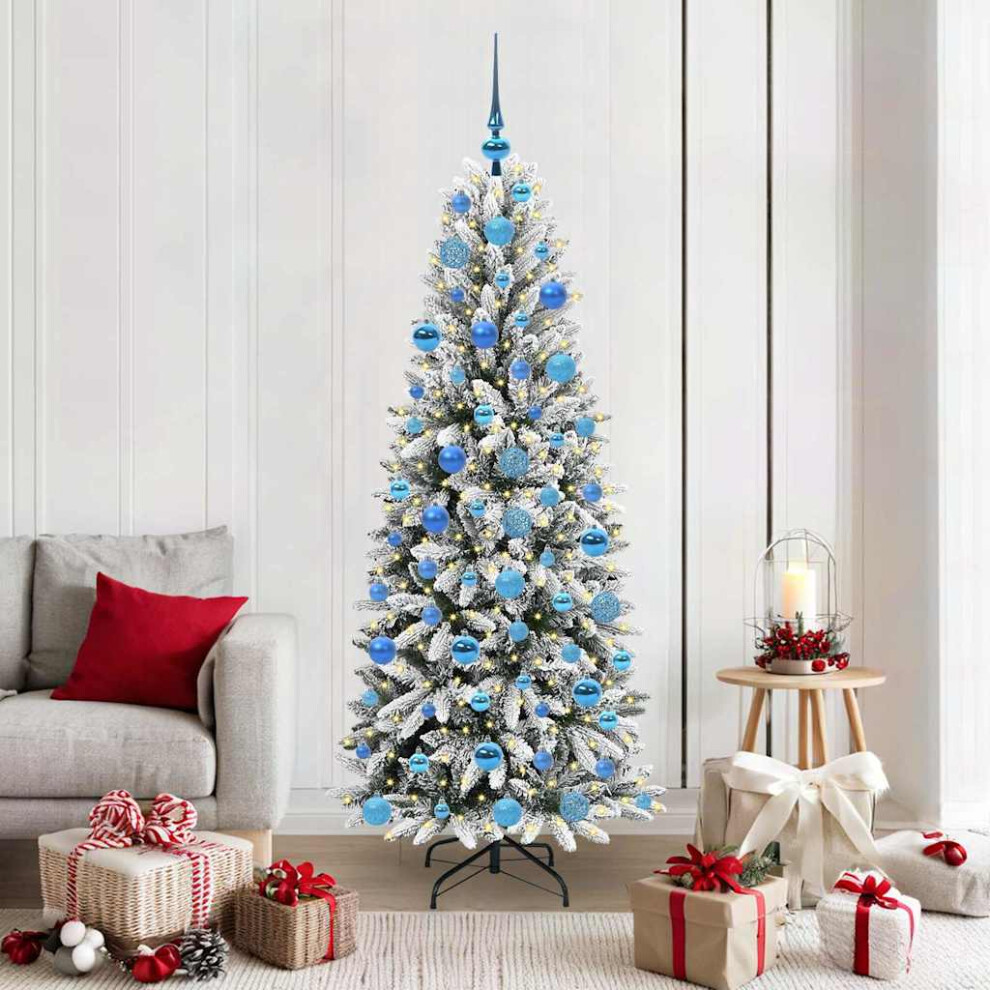 VIDAXL 6ft Artificial Snow Flocked Christmas Tree with Blue Baubles and Integrated LED Lights - Image 3