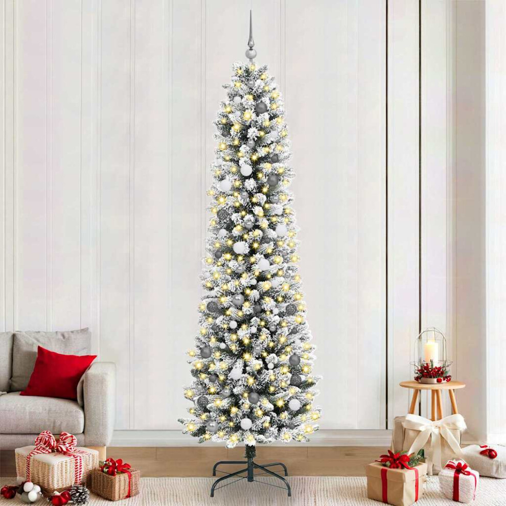 Vidaxl (White, 240 Cm) Artificial Slim Christmas Tree With Flocked Snow Xmas Tree Pvc And Pe