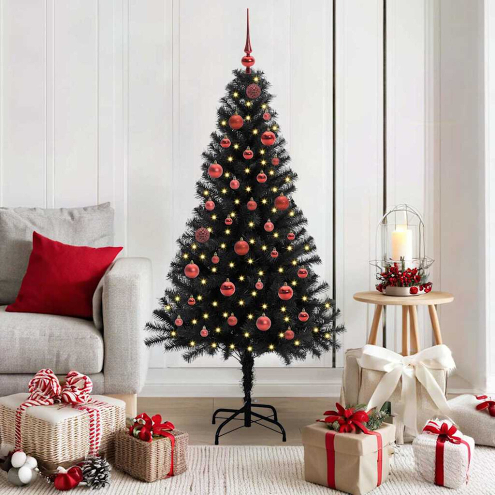 VIDAXL 5ft Artificial Christmas Tree with Red Baubles and LED Lights in Black - Image 3