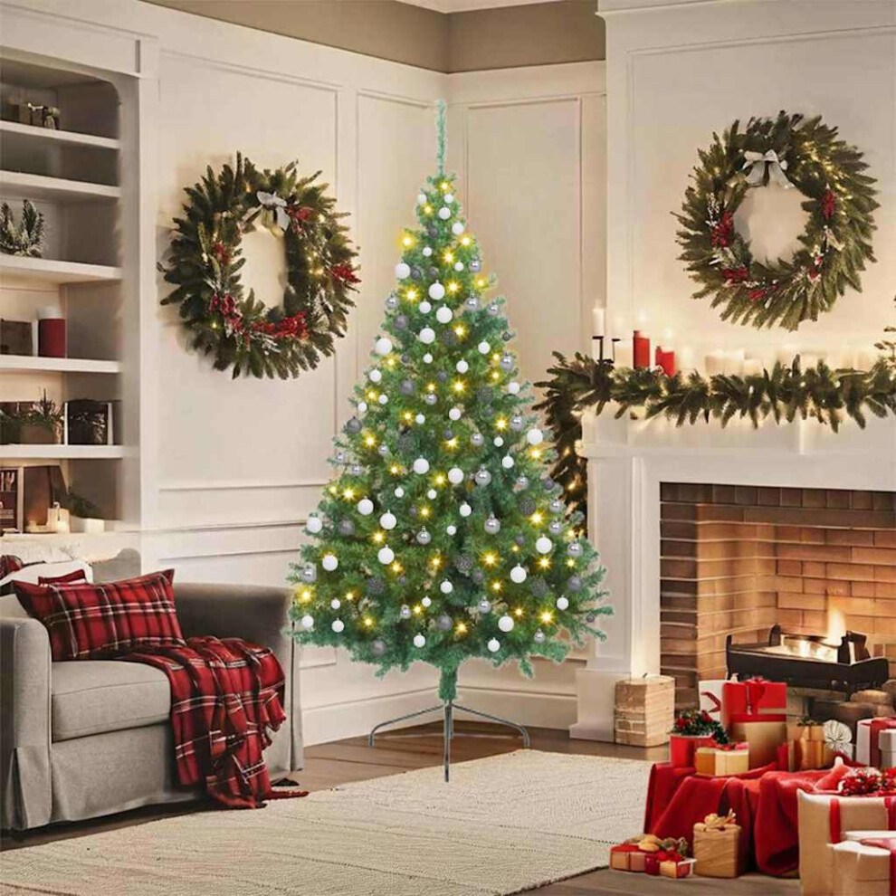 Vidaxl Artificial Pre-Lit Christmas Tree With White/Grey Balls Green 180 Cm Pvc, Green - Image 2