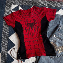 (Red, L) New Women's Spider Print Slim Fit Street Style Round Neck Short Sleeve T-Shirt