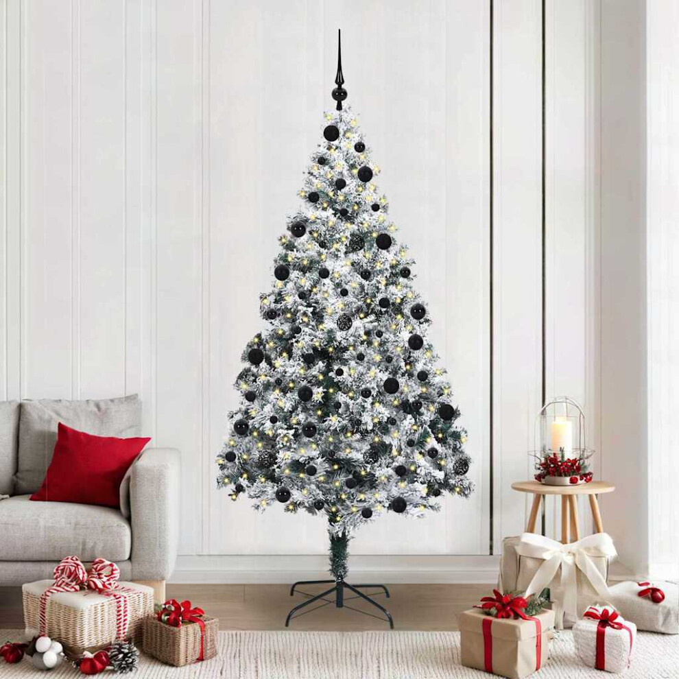 VIDAXL 7ft Pre-Lit Artificial Christmas Tree in White with Black Baubles and LED String Lights for Indoor and Outdoor Seasonal Decor - Image 3