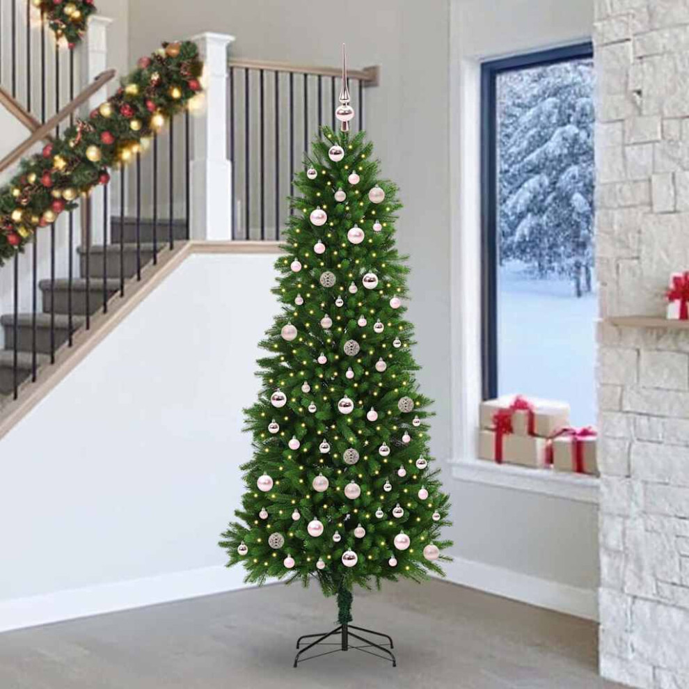 VIDAXL 8ft Artificial Christmas Tree with Pre-Lit Pink Baubles, Green PVC Holiday Decor for Indoor and Outdoor Use - Image 3