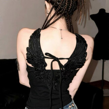 (L, black) Angel Wings Vest 3D Embossed Wings Embroidery Spaghetti Strap Vest Y2K Women Gothic Fashion Summer Sexy Slim Backless Short Top
