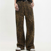 (2XL) Leopard Jeans Women Denim Pants Female Oversize Wide Leg Trousers