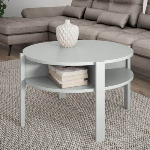Round Coffee Table with Open Shelf in Grey