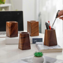 (Square Large Mouth) Walnut Wood Desktop Penholder Premium Walnut Wood Pen Holder for Study Room Elegance