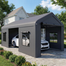 Outsunny 3 x 6 m Heavy Duty Carport, Portable Garage with 3 Doors, Dark Grey