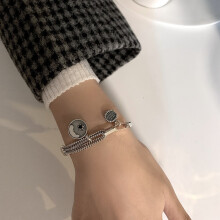 (SL0393, 925 silver) Silver Tone Charm Bracelet, Engraved Smile Disc & Heart Pendant, Thick Chain Fashion Bracelet for Women