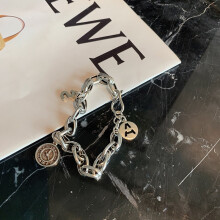 (SL0157, 925 silver) Silver Tone Charm Bracelet, Engraved Smile Disc & Heart Pendant, Thick Chain Fashion Bracelet for Women
