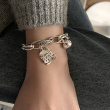 (SL0389, 925 silver) Silver Tone Charm Bracelet, Engraved Smile Disc & Heart Pendant, Thick Chain Fashion Bracelet for Women