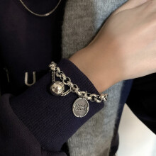 (SL0381, 925 silver) Silver Tone Charm Bracelet, Engraved Smile Disc & Heart Pendant, Thick Chain Fashion Bracelet for Women