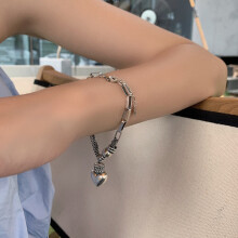 (SL0182, 925 silver) Silver Tone Charm Bracelet, Engraved Smile Disc & Heart Pendant, Thick Chain Fashion Bracelet for Women