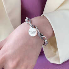 (SL0102, 925 silver) Silver Tone Charm Bracelet, Engraved Smile Disc & Heart Pendant, Thick Chain Fashion Bracelet for Women
