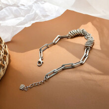 (SL0301, 925 silver) Silver Tone Charm Bracelet, Engraved Smile Disc & Heart Pendant, Thick Chain Fashion Bracelet for Women