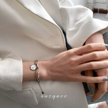 (SL0156, 925 silver) Silver Tone Charm Bracelet, Engraved Smile Disc & Heart Pendant, Thick Chain Fashion Bracelet for Women