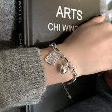 (SL0400, 925 silver) Silver Tone Charm Bracelet, Engraved Smile Disc & Heart Pendant, Thick Chain Fashion Bracelet for Women
