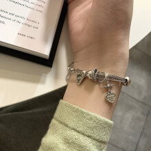 (SL0395, 925 silver) Silver Tone Charm Bracelet, Engraved Smile Disc & Heart Pendant, Thick Chain Fashion Bracelet for Women