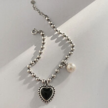 (SL0386, 925 silver) Silver Tone Charm Bracelet, Engraved Smile Disc & Heart Pendant, Thick Chain Fashion Bracelet for Women