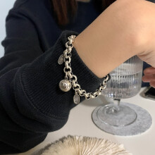 (SL0401, 925 silver) Silver Tone Charm Bracelet, Engraved Smile Disc & Heart Pendant, Thick Chain Fashion Bracelet for Women