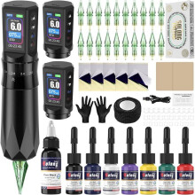 Tattoo-Maschinen-Set mit 2 Batterien, 7 Geschwindigkeiten, kabelloser Rotationsstift mit LCD-Bildschirm, 20 Nadelpatronen, 8 Farben [TT88]