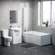1500mm LH P Shaped Bathroom Suite, Front Panel & Screen With Vanity & Toilet