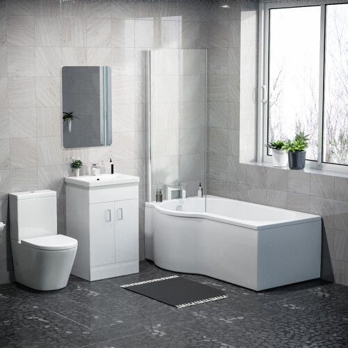 NES Home 1500mm LH P Shaped Bath, Front Panel, Screen With 500mm Vanity & Toilet