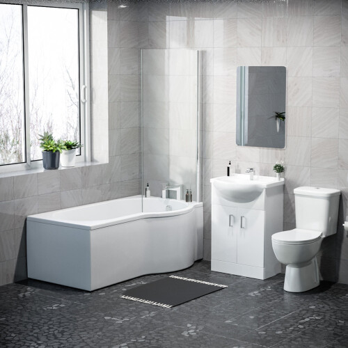 NES Home 1500mm RH P Shaped Bathroom Suite, Front Panel & Screen With Vanity & Toilet 1