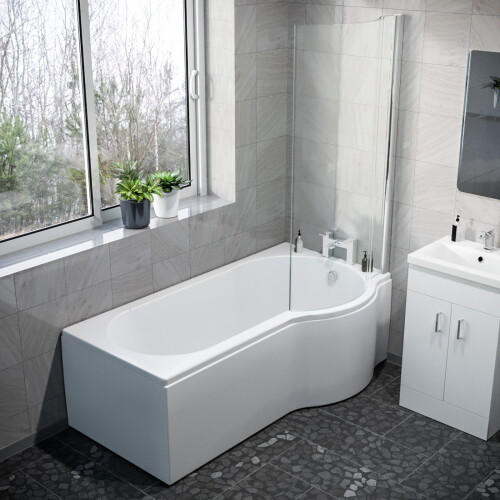 NES Home 1600mm RH P Shaped Bath, Front Panel, Screen With 500mm Vanity & Toilet 1