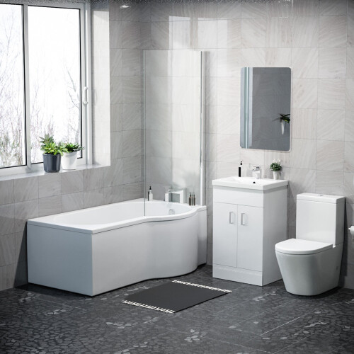 NES Home 1500mm RH P Shaped Bath, Front Panel, Screen With 500mm Vanity & Toilet 1