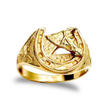 (R) Jewelco London Men's Solid 9ct Yellow Gold Horse Head Horseshoe Ring - JRN039