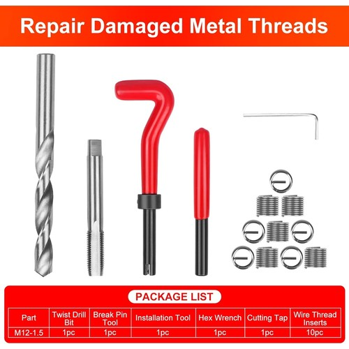 15PC M12 x 1.5 Thread Repair Tool Kit Helicoil Wire Inserts Set