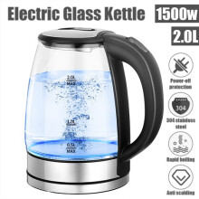 2L Electric Kettle Fast Boil Glass Kettle Quiet 360 Blue LED Boil-Dry Protection