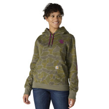 Carhartt Women's Relaxed Fit Midweight Logo Sleeve Graphic Printed Sweatshirt, Dusty Olive Vintage Camo, Large